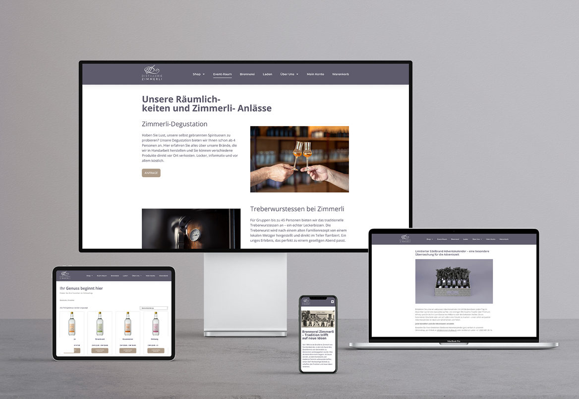 Die Website von Distillerie Zimmerli auf verschiedenen Geräten, wie Desktop, Notebook und Smartphone präsentiert