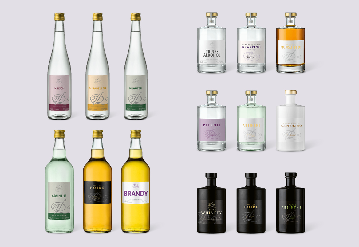 Je drei Produkte der Produktreihen von Distillerie Zimmerli geordnet dargestellt