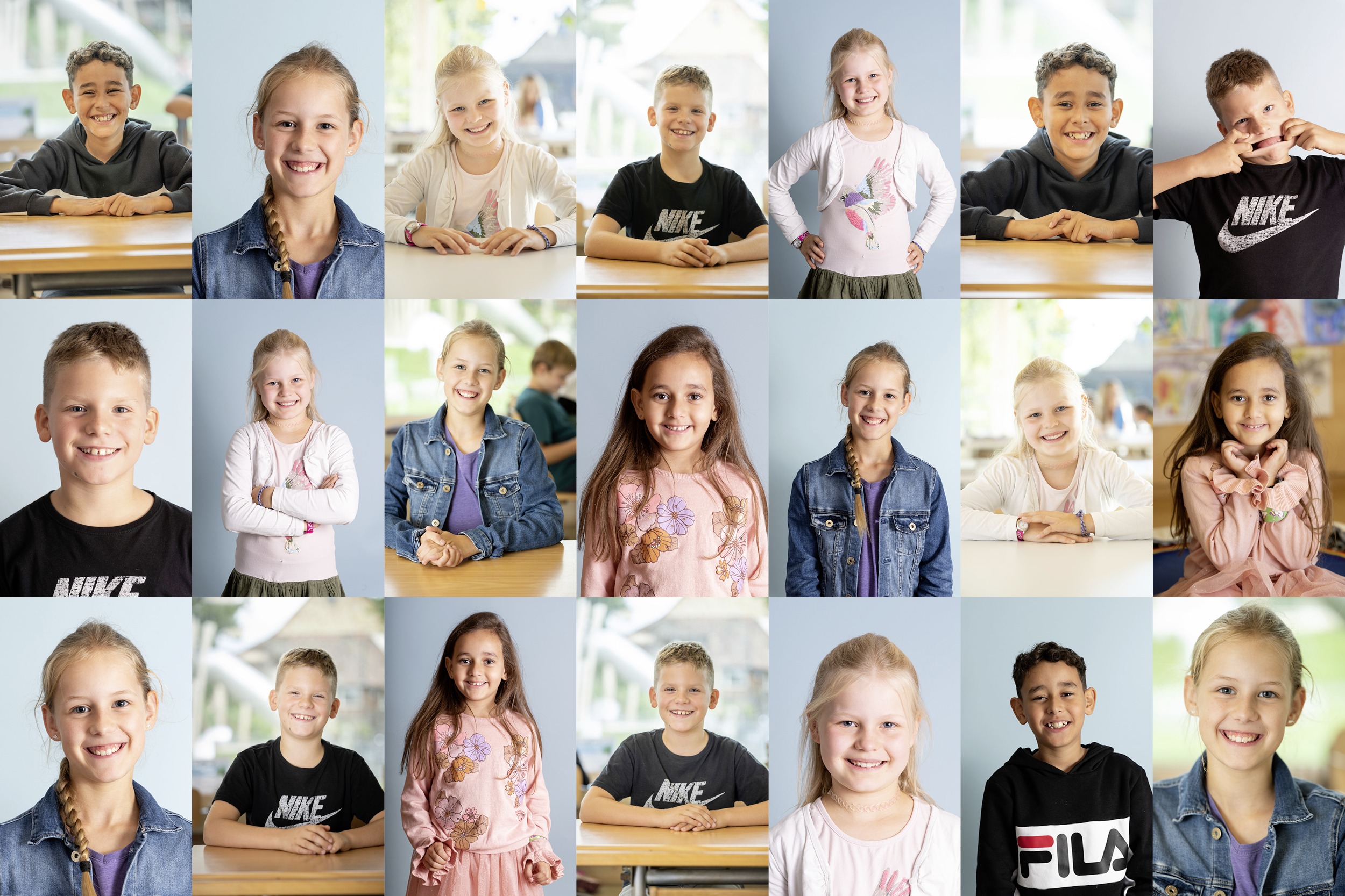 Collage aus Porträts von Schulkindern, die lächeln und an Tischen sitzen oder stehen