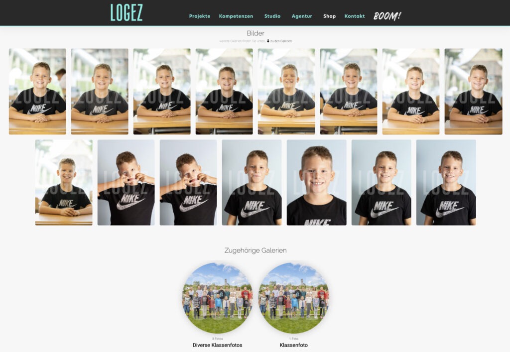 Onlineshop Darstellung mit Fotos von Junge und Klassenfoto