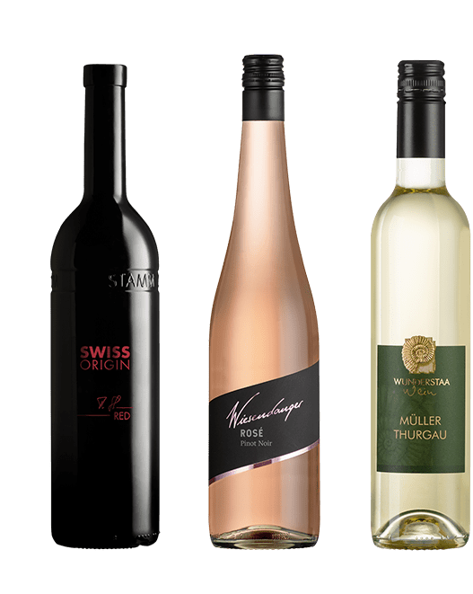 Drei Weinflaschen: Swiss Origin Red, Rosé Pinot Noir und Müller Thurgau
