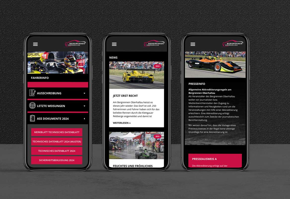 Drei Smartphones mit der Bergrennen-Oberhallau-App: Fahrerinfo, News und Presseinfo