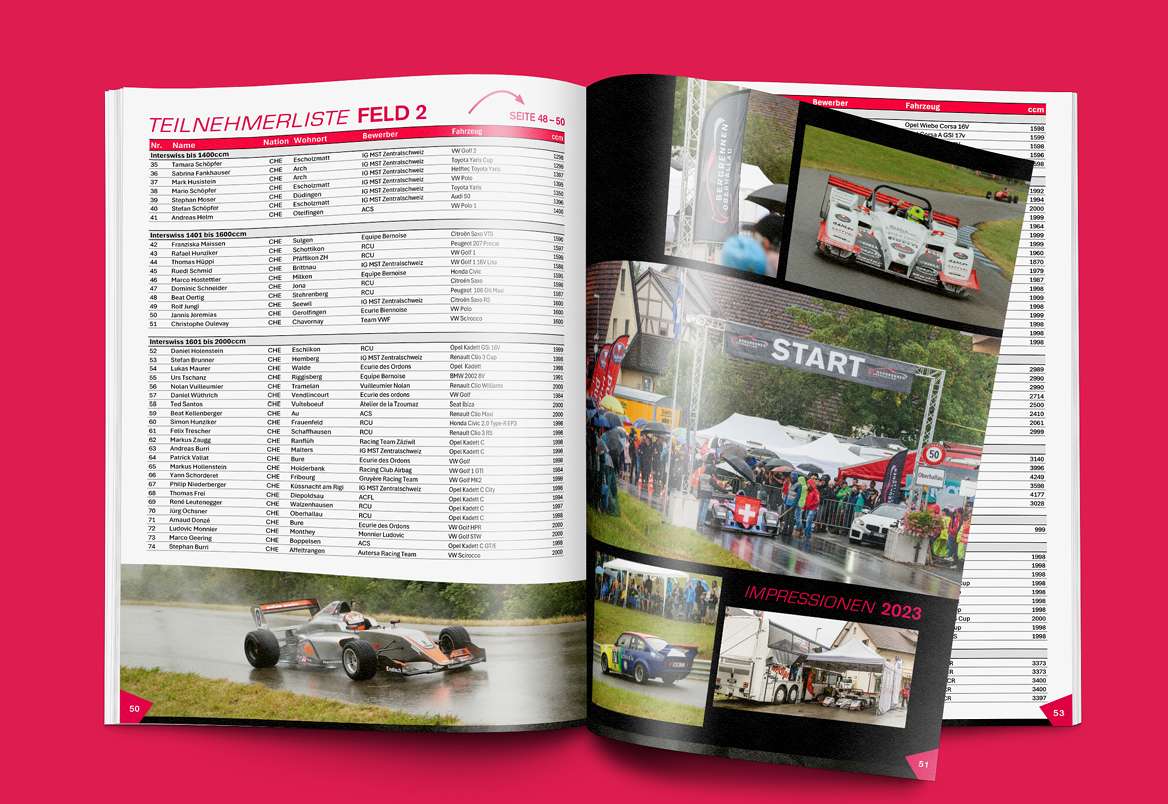 Aufgeschlagenes Magazin mit Teilnehmerliste und Rennfotos auf pinkem Hintergrund