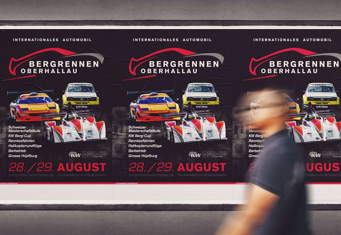 Plakat für das Bergrennen Oberhallau mit Rennwagen und Datum 28./29. August