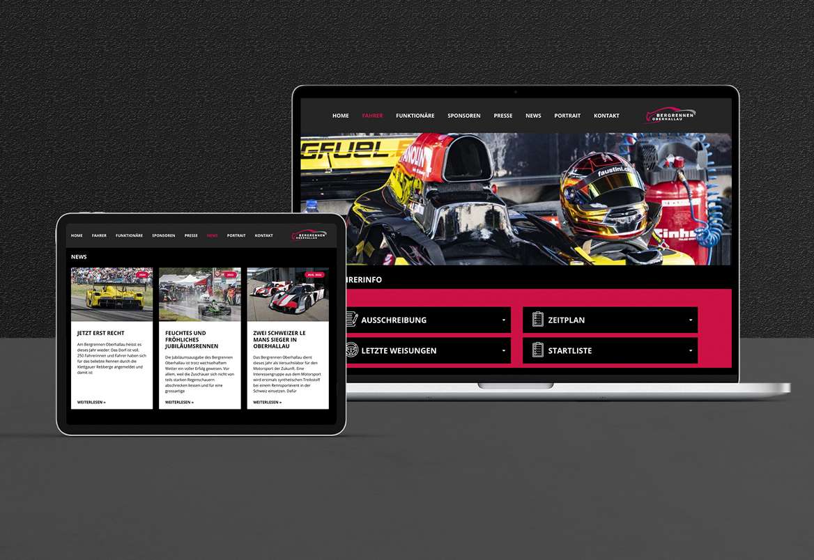 Laptop und Tablet mit der Website des Bergrennen Oberhallau in Rennsport-Design