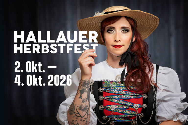 Plakat für das Hallaue Herbstfest, 3. bis 5. Okt. 2025, mit Frau in Tracht und Hut