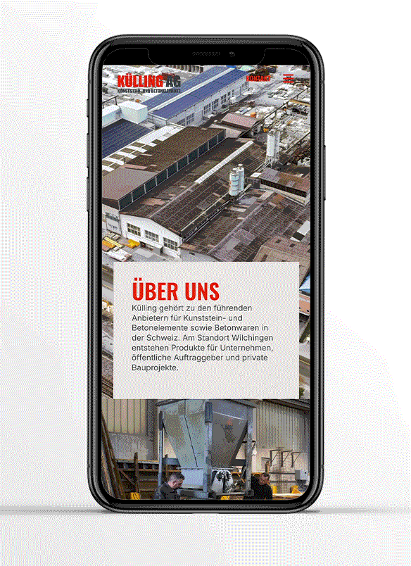 Mobilansicht der Külling-AG-Website mit dem Abschnitt „Über uns“ und Werksfoto im Hintergrund
