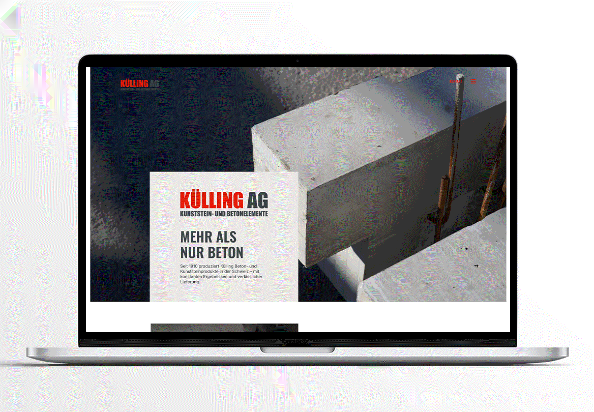 Laptop mit der Website von Külling AG für Kunststein- und Betonelemente, mit der Überschrift „Mehr als nur Beton“