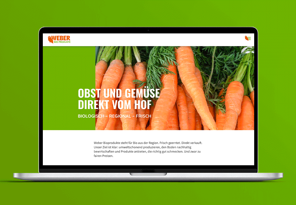 Startseite von Weber Bioprodukte mit Karottenmotiv und dem Slogan „Obst und Gemüse direkt vom Hof“
