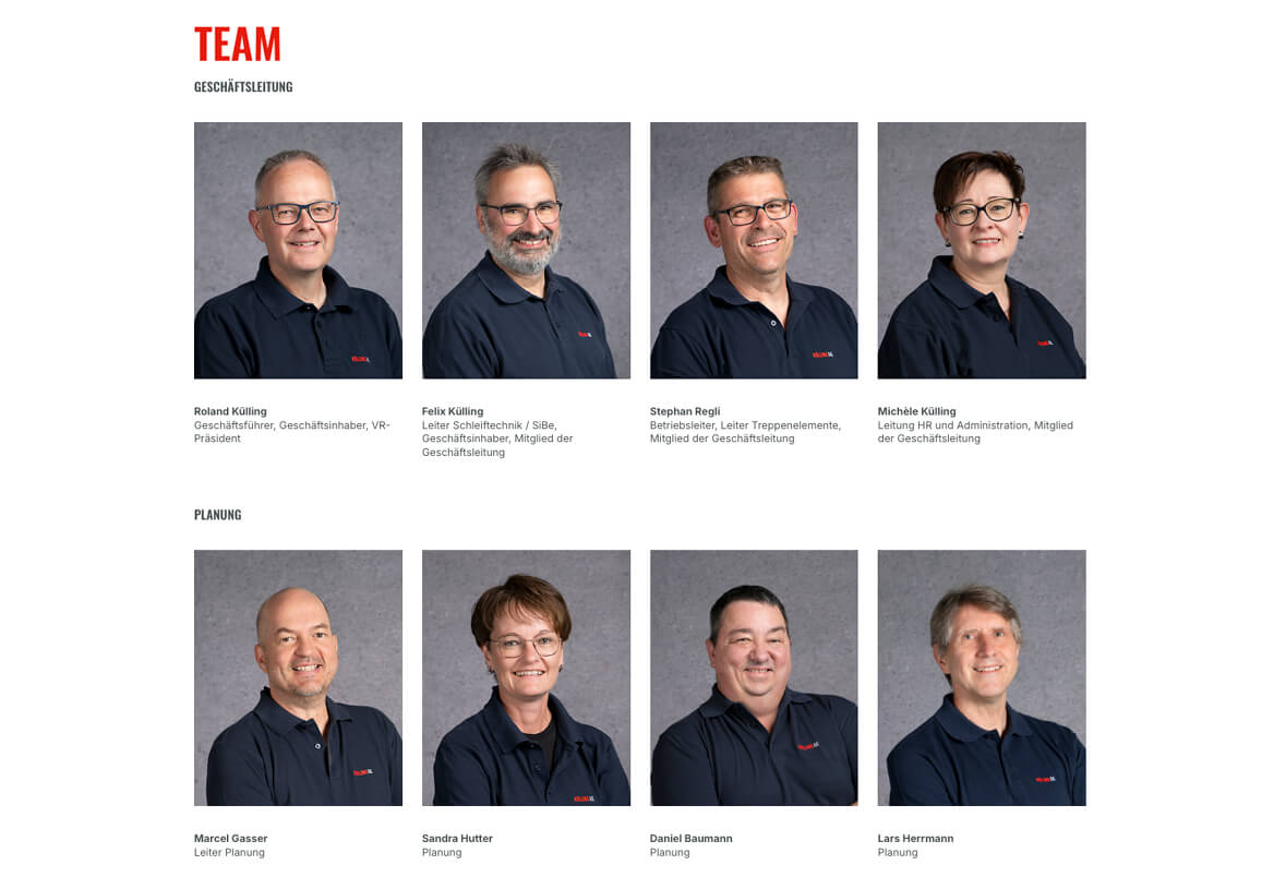 Teamseite mit Porträts der Geschäftsleitung und Planung, jeweils mit Namen und Funktion
