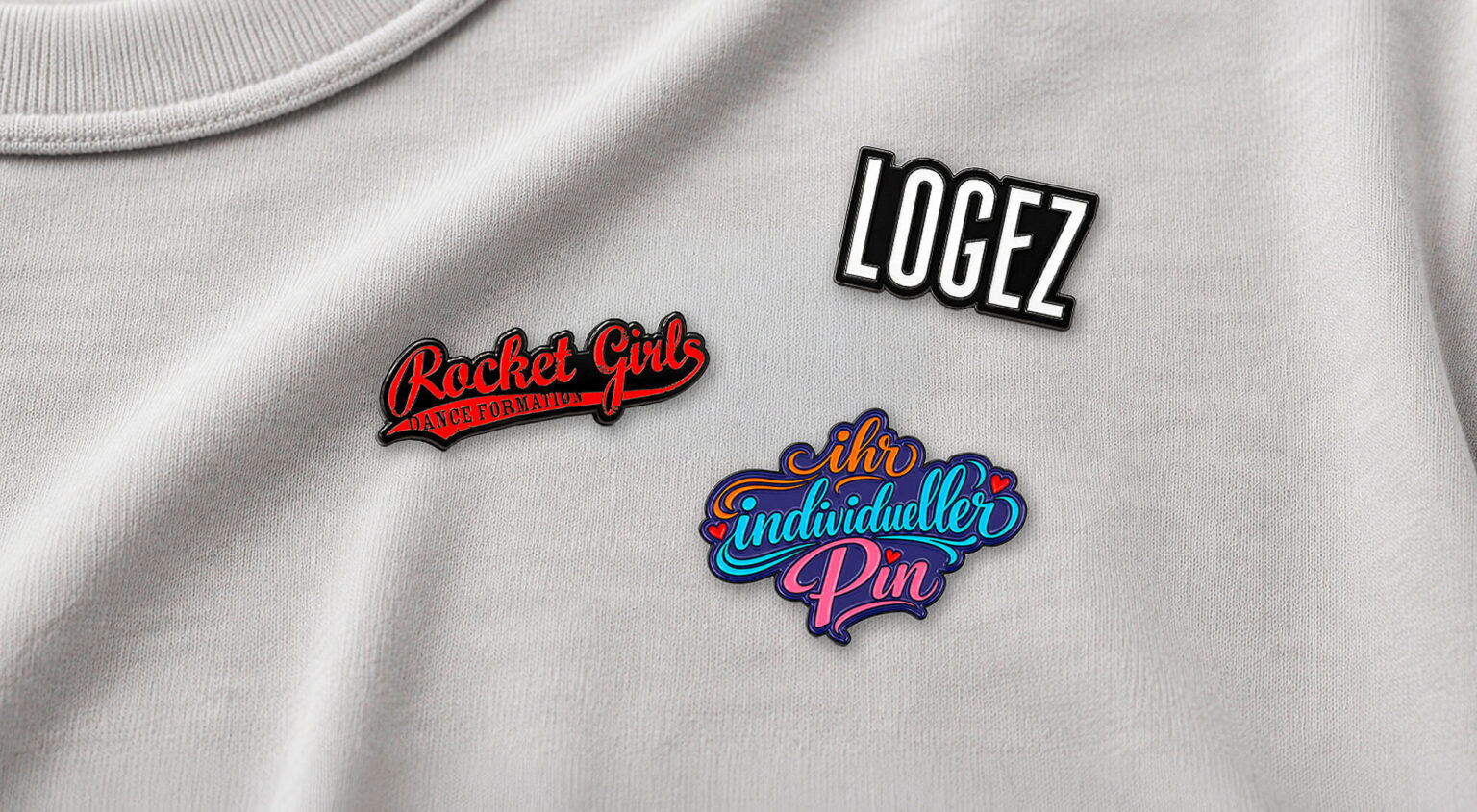Drei Pins auf hellgrauem Stoff: „LOGEZ“, „Rocket Girls Dance Formation“ und „Ihr individueller Pin“