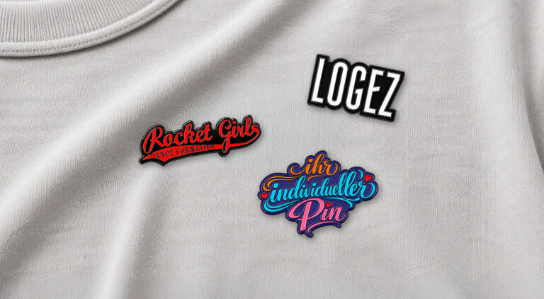 Drei Pins auf hellgrauem Stoff: „LOGEZ“, „Rocket Girls Dance Formation“ und „Ihr individueller Pin“